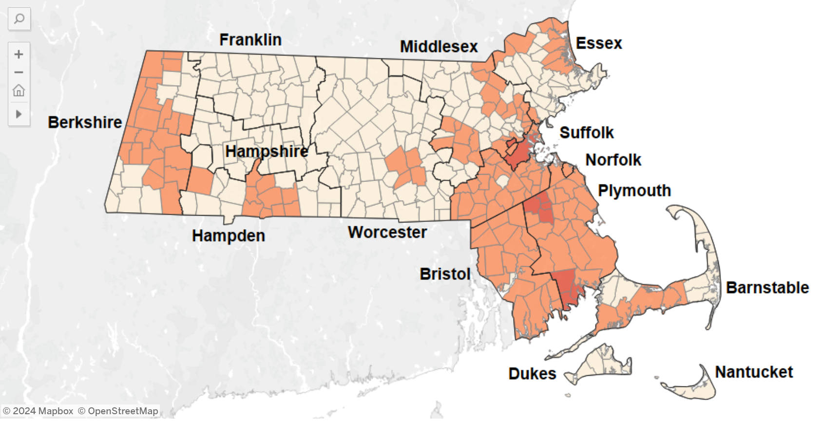 A map showing the risk of West Nile virus transmission in Massachusetts as of Friday, Aug. 23, 2024.