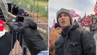 Stephen Chase Randolph pushes a bike rack against Capitol Police Officer Caroline Edwards on Jan. 6, 2021 (left); Randolph at the Capitol on Jan. 6 (right).