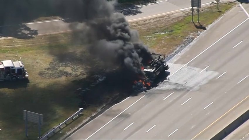 Smoke pouring from a truck fire on I-93 in Canton, Massachusetts, on Tuesday, Sept. 3, 2024.