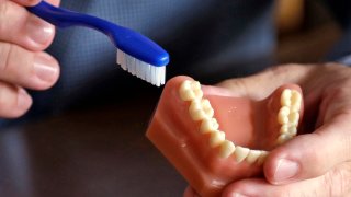 FILE – A dentist holds a model of teeth and a toothbrush in Seattle on Aug. 3, 2018.