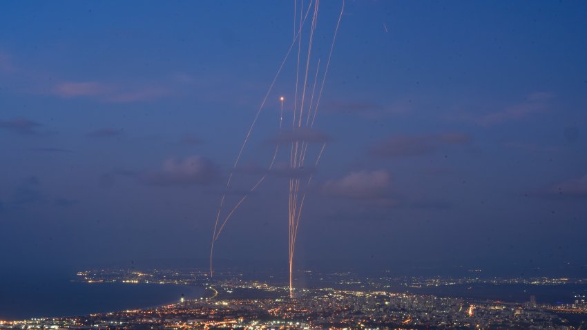 Israeli Iron Dome air defense system fires to intercept rockets that were launched from Lebanon.