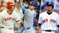 Red Sox outfielder Fred Lynn, Dodgers designated hitter Shohei Ohtani and Red Sox shortstop Nomar Garciaparra