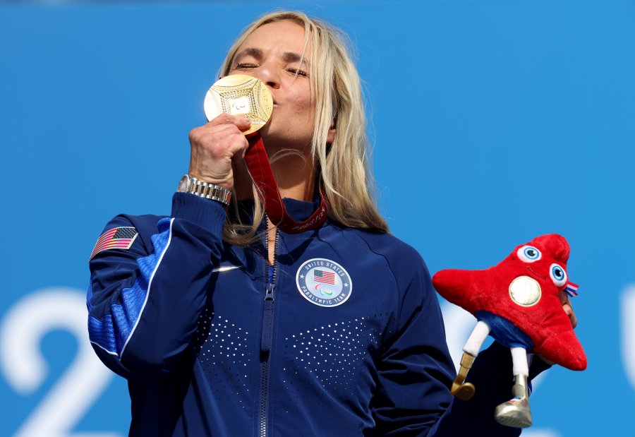 Gold medalist Oksana Masters of Team United States poses for a photo during the Para Cycling Road Women's H4-5 Individual Time Trial Medal Ceremony on day seven of the Paris 2024 Summer Paralympic Games at  on September 04, 2024 in Paris, France