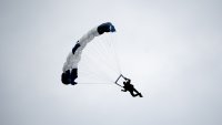 08 September 2024, Baden-Württemberg, Villingen-Schwenningen: A parachutist hangs from a parachute. Photo: Silas Stein/dpa (Photo by Silas Stein/picture alliance via Getty Images)