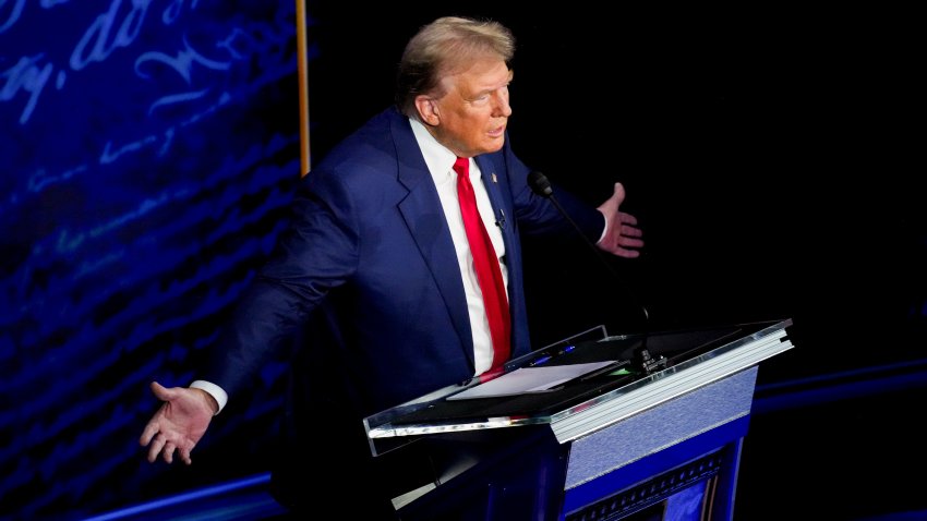 Former US President Donald Trump during the second presidential debate at the Pennsylvania Convention Center in Philadelphia, Pennsylvania, US, on Tuesday, Sept. 10, 2024.