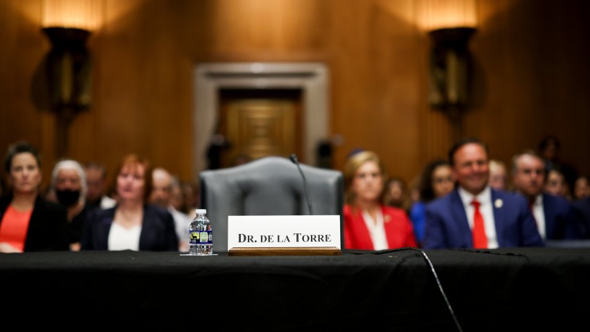 The name tag for Dr. Ralph de la Torre, founder and chief executive officer of Steward Health Care System LLC, in front of an empty seat during a Senate Health, Education, Labor, and Pensions Committee hearing in Washington, DC, US, on Thursday, Sept. 12, 2024. Steward Health Care’s bankruptcy and larger concerns about private equity hurting patient care will take center stage at the Senate Health, Education, Labor, and Pensions Committee today, even as the health system’s CEO has said he won’t testify. Photographer: Ting Shen/Bloomberg via Getty Images