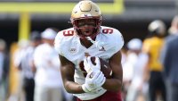 COLUMBIA, MO – SEPTEMBER 14: Boston College Eagles wide receiver Jerand Bradley (9) catches a pass before a college football game between the Boston College Eagles and Missouri Tigers on September 14, 2024 at Memorial Stadium in Columbia, MO. (Photo by Scott Winters/Icon Sportswire via Getty Images)