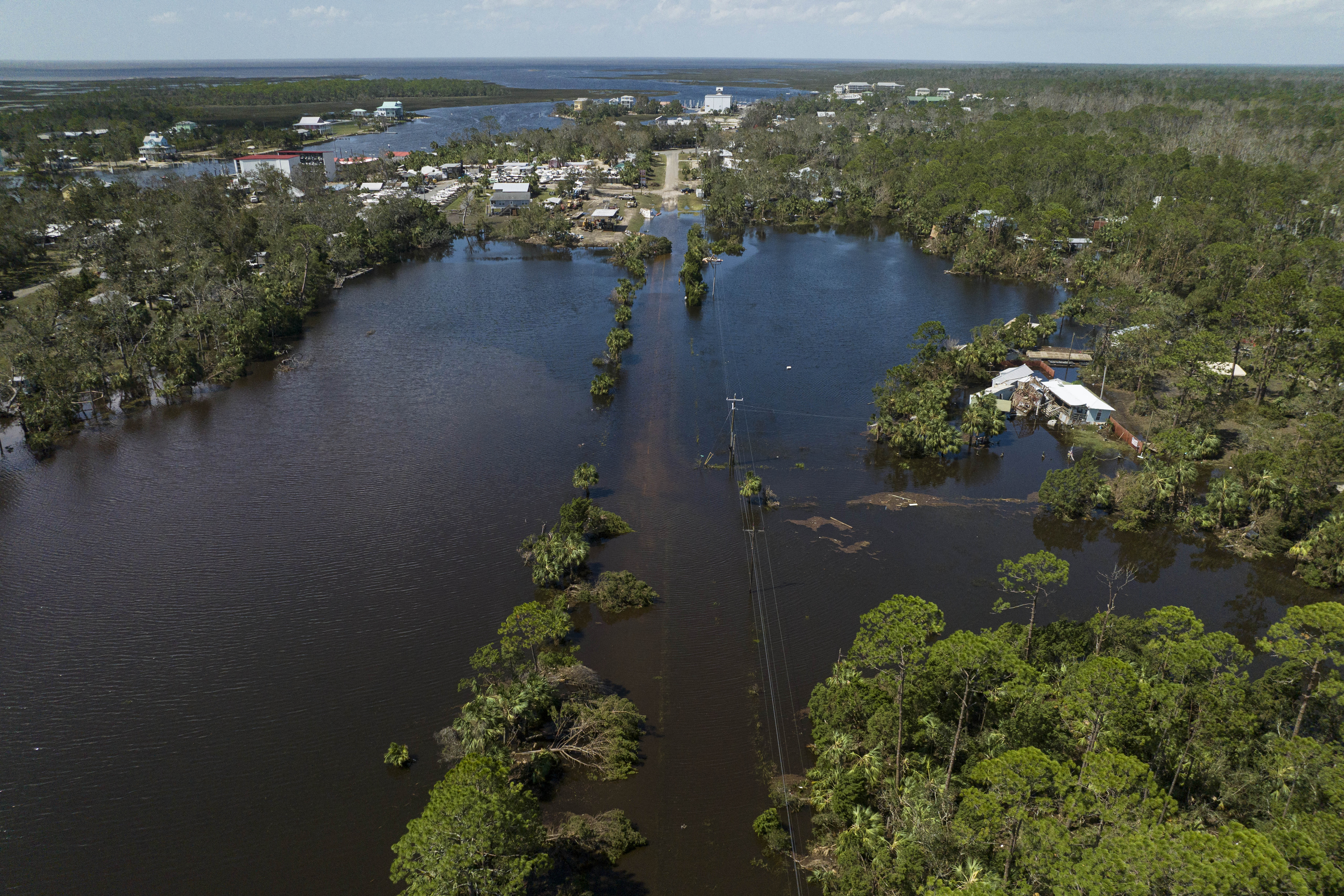 This aerial picture taken on September 27, 2024 shows a flooded street after Hurricane Helene made landfall in Steinhatchee, Florida.