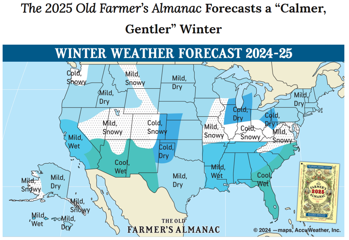 The Old Farmer's Almanac's 2024-2025 winter weather prediction map for the U.S.