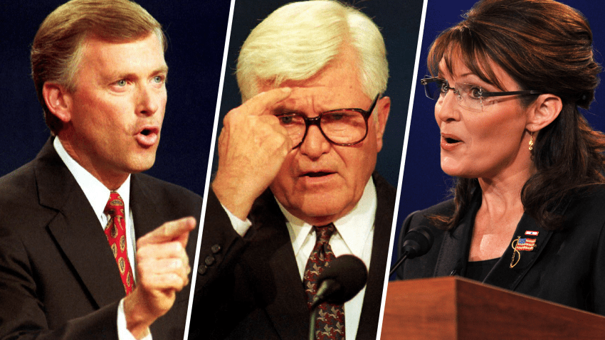 Former vice presidential candidates Dan Quayle, Adm. James Stockdale and Sarah Palin.