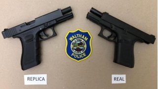 Waltham police provided this photo of a real Glock compared to the replica found on Waltham High School grounds.