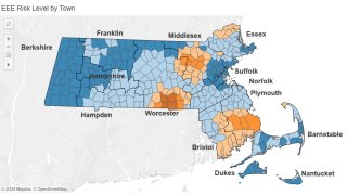 A map showing the risk of EEE infection by town across Massachusetts as of Friday, Sept. 27, 2024.