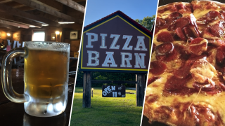 Beer, pizza and the sign outside Pizza Barn in Ossipee, New Hampshire