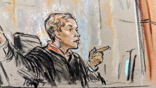 Courtroom sketch depicting Judge Tanya Chutkan in an exchange with Donald Trump’s lawyers. 