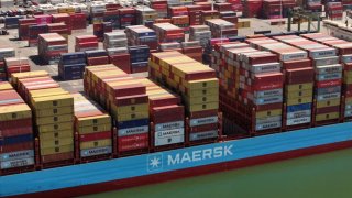 The container ship Gunde Maersk sits docked at the Port of Oakland on June 24, 2024 in Oakland, California. 