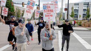 Striking Boeing workers and their supporters picket outside the Boeing Co. manufacturing facility in Renton, Washington, on Sept. 16, 2024.