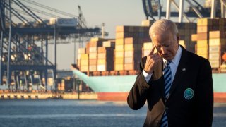 President Joe Biden waits to speak about the recently passed $1.2 trillion Infrastructure Investment and Jobs Act at the Port of Baltimore on November 10, 2021 in Baltimore, Maryland. 