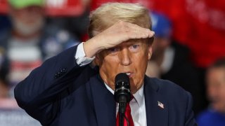 Republican presidential nominee and former U.S. President Donald Trump gestures as he speaks during a campaign event at Riverfront Sports in Scranton, Pennsylvania, U.S. October 9, 2024. 