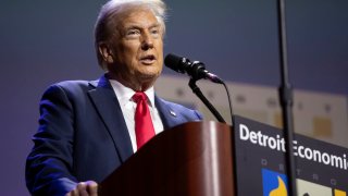 Republican presidential nominee, former U.S. President Donald Trump, speaks at the Detroit Economic Club on October 10, 2024 in Detroit, Michigan. 