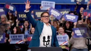 Mark Cuban speaks at a campaign rally for Democratic presidential nominee Vice President Kamala Harris at the University of Wisconsin La Crosse, in La Crosse, Wis., Thursday, Oct. 17, 2024.