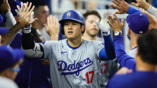 Shohei Ohtani of the Los Angeles Dodgers during a regular season game in Miami, Florida.