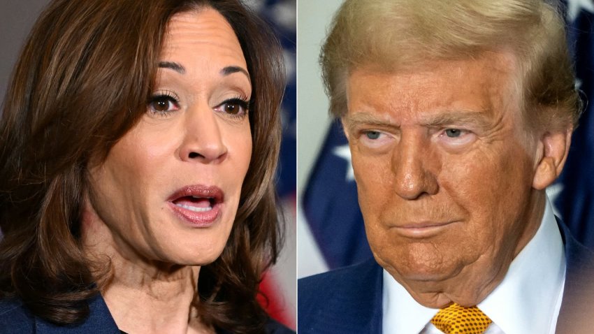 This combination of pictures created on October 25, 2024 shows US Vice-President and Democratic Presidential candidate Kamala Harris in Houston, Texas on October 25, 2024 and former US President Republican presidential candidate Donald Trump in East Del Valle, Austin, Texas on October 25, 2024. 