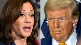 This combination of pictures created on October 25, 2024 shows US Vice-President and Democratic Presidential candidate Kamala Harris in Houston, Texas on October 25, 2024 and former US President Republican presidential candidate Donald Trump in East Del Valle, Austin, Texas on October 25, 2024. 