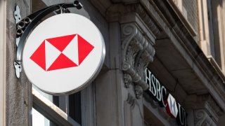 The HSBC logo outside a branch of the bank on Oct. 24, 2023 in London, England.