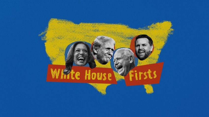 Kamala Harris, Donald Trump Tim Walz and JD Vance on a map of U.S.