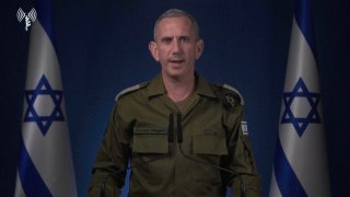 In this image taken from video released by the Israel Defense Forces early Saturday, Oct. 26, 2024, Israeli military spokesperson Rear Adm. Daniel Hagari announces that the IDF is conducting strikes on military targets in Iran.