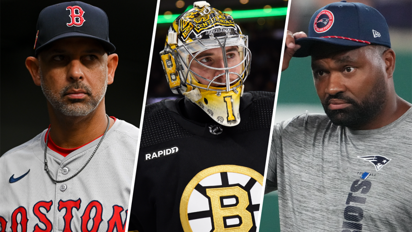 Red Sox manager Alex Cora, Bruins goaltender Jeremy Swayman and Patriots head coach Jerod Mayo