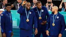 Derrick White with USA Basketball teammates Anthony Edwards, LeBron James and Kevin Durant.