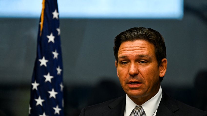 Florida Governor Ron DeSantis speaks during a press conference at the State Emergency Operations Center in Tallahassee, Florida, on September 26, 2024 as Hurricane Helene was set to slam into the Florida coast as a “catastrophic” Category 4 storm. An increasingly powerful hurricane threatening “catastrophic,” dangerous storm surges and flooding was forecast to hit Florida’s Gulf coast on September 26, as thousands of residents evacuated towns along the US state’s shoreline. Helene strengthened into a hurricane mid-morning September 25 in the Gulf of Mexico and is “expected to bring life-threatening storm surge, damaging winds, and flooding rains to a large portion of Florida and the Southeastern United States,” the National Hurricane Center in Miami said in its latest bulletin. (Photo by CHANDAN KHANNA / AFP) (Photo by CHANDAN KHANNA/AFP via Getty Images)