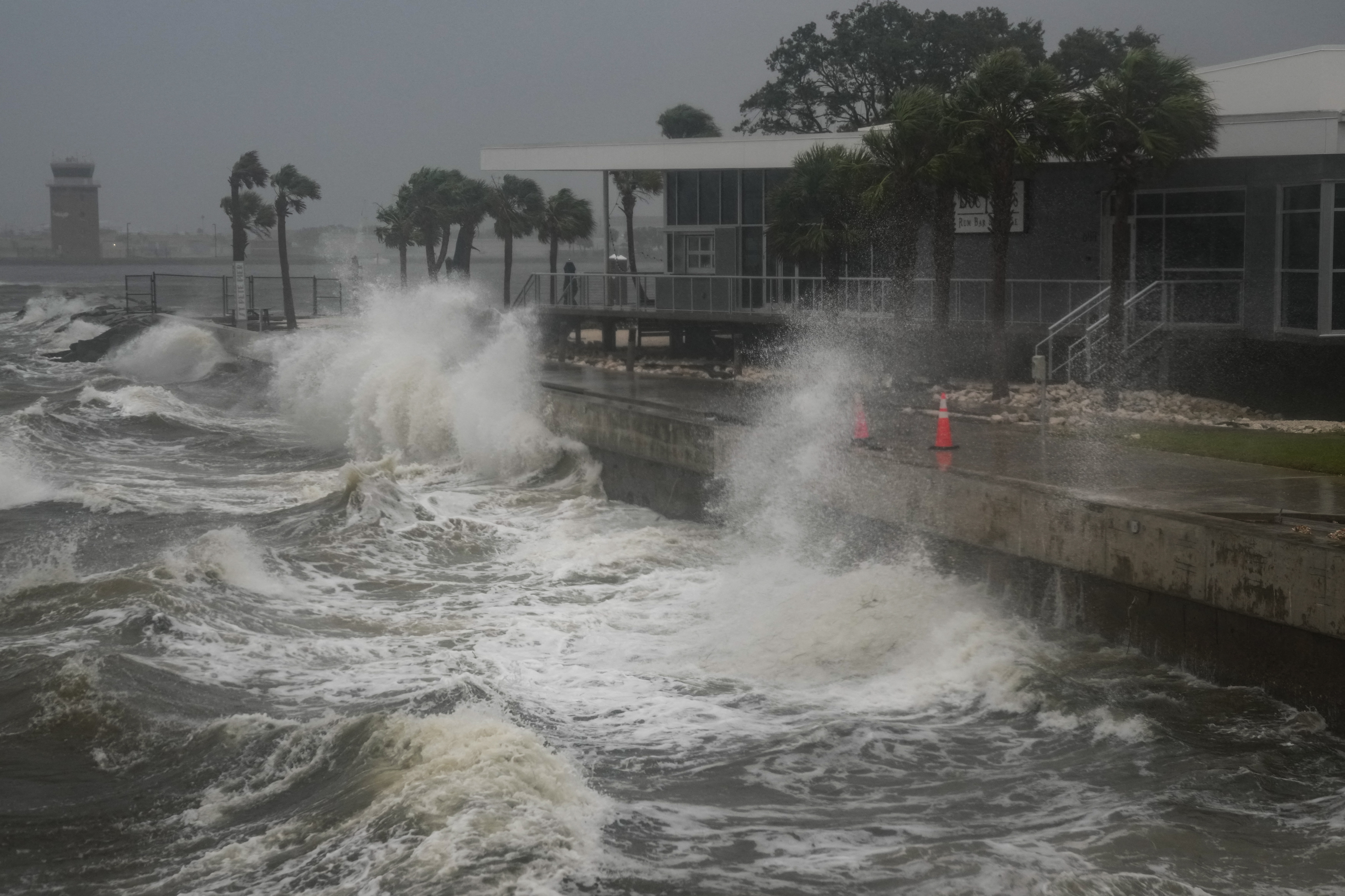 Waves crash along St. Pete Pier in St. Petersburg, Florida, as Hurricane Milton was expected to make landfall on October 9, 2024.