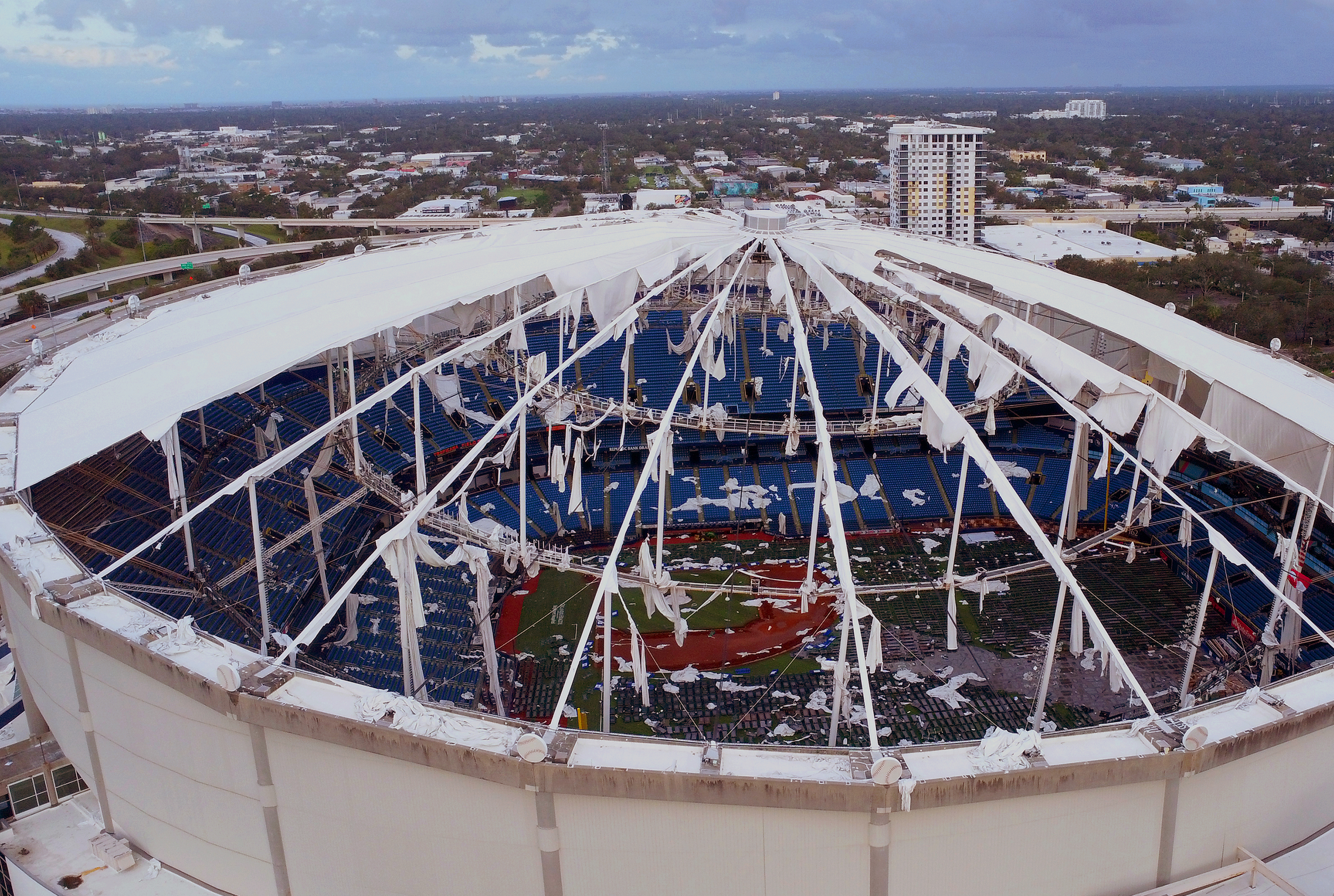 Hurricane Milton blew the roof off of Tropicana Field in St. Petersburg, Flori, Thursday, Oct. 10, 2024.