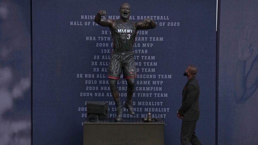 MIAMI, FL – OCTOBER 27: Dwyane Wade looks on during Dwyane Wade’s statue unveiling on October 27, 2024 at Kaseya Center in Miami, Florida. NOTE TO USER: User expressly acknowledges and agrees that, by downloading and or using this Photograph, user is consenting to the terms and conditions of the Getty Images License Agreement. Mandatory Copyright Notice: Copyright 2024 NBAE (Photo by Eric Espada/NBAE via Getty Images)