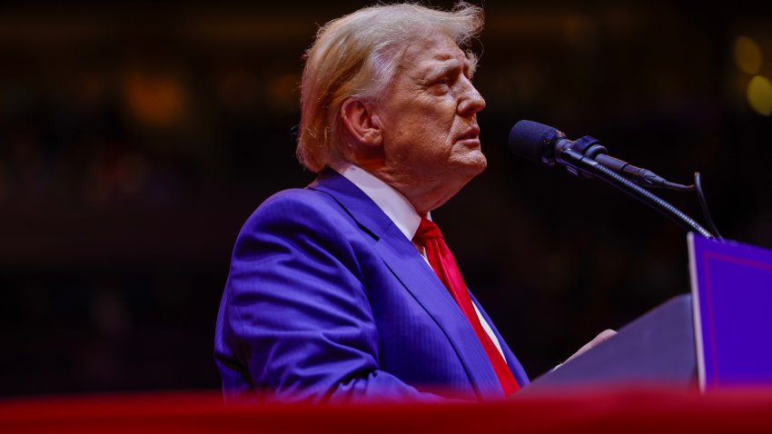 NEW YORK, NEW YORK – OCTOBER 27: Republican presidential nominee, former U.S. President Donald Trump speaks at a campaign rally at Madison Square Garden on October 27, 2024 in New York City. Trump closed out his weekend of campaigning in New York City with a guest list of speakers that includes his running mate Republican Vice Presidential nominee, U.S. Sen. J.D. Vance (R-OH), Tesla CEO Elon Musk, UFC CEO Dana White, and House Speaker Mike Johnson, among others, nine days before Election Day.