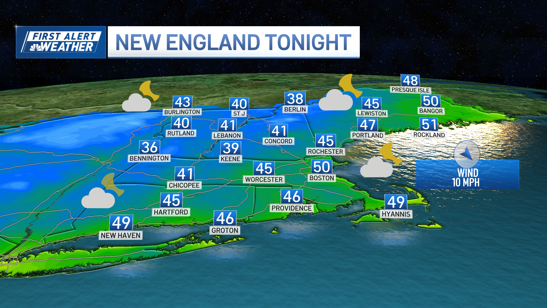 A map showing the temperature forecast in New England for the evening of Oct. 7, 2024