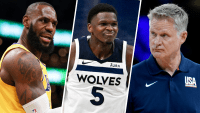 Lakers forward LeBron James, Wolves guard Anthony Edwards and Team USA coach Steve Kerr