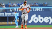 Aug 7, 2024; Toronto, Ontario, CAN; Baltimore Orioles right fielder Anthony Santander (25) runs the bases after hitting a two run home run against the Toronto Blue Jays during the first inning at Rogers Centre. Mandatory Credit: Nick Turchiaro-USA TODAY Sports