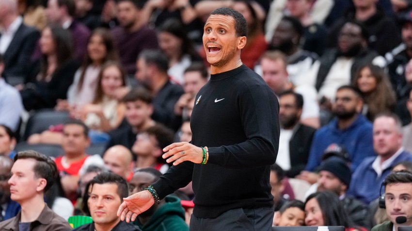 Oct 15, 2024; Toronto, Ontario, CAN;  Boston Celtics head coach Joe Mazzulla looks on from the bench against the Toronto Raptors at Scotiabank Arena. Mandatory Credit: Kevin Sousa-Imagn Images