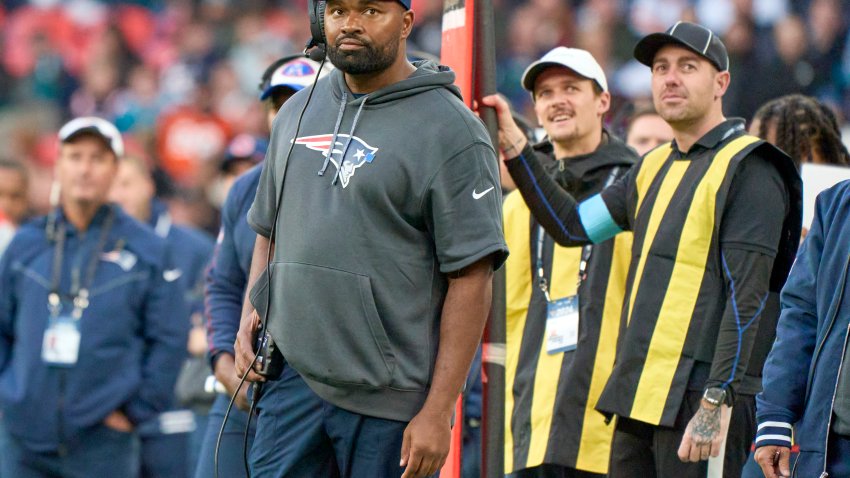 Oct 20, 2024; London, United Kingdom; New England Patriots coach Jerod Mayo in the game against the Jacksonville Jaguarsduring an NFL International Series game at Wembley Stadium. Mandatory Credit: Peter van den Berg-Imagn Images