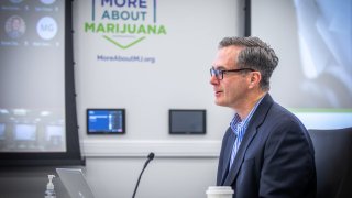 The Cannabis Control Commission’s acting chair, Bruce Stebbins, at a previous in-person meeting of the CCC. Commissioners voted Wednesday to move forward on the update of certain regulations  in the cannabis industry.