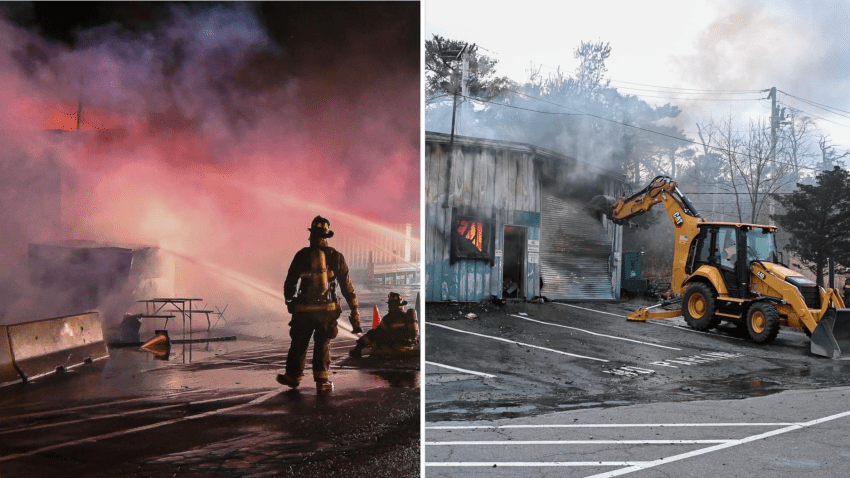 First responders battling fires at the Cohasset Recycling Transfer Facility in the Massachusetts town on Monday, Oct. 28, 2024.