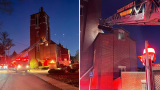 Firefighters at the scene of a church fire in Franklin, Massachusetts, on Wednesday, Oct. 23, 2024. Officials said the next day that arson was suspected.