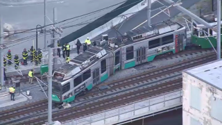 An aerial shot of a green line derailment in Cambridge, Massachusetts.