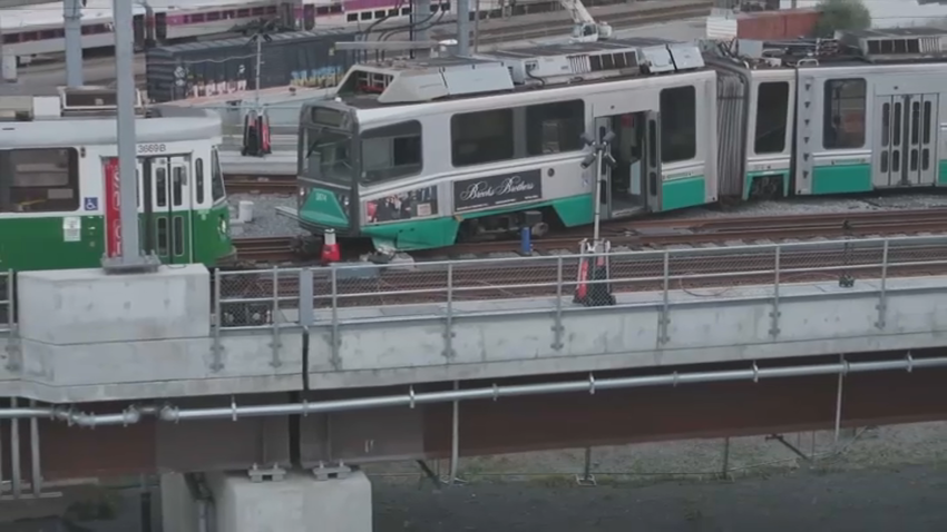 A derailed Green Line Train in Cambridge, Massachusetts, on Wednesday, Oct. 2, 2024.