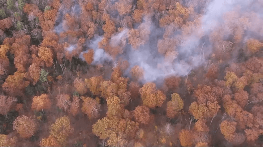 A brush fire burning amid trees that were changing colors in Holden, Massachusetts, on Wednesday, Oct. 23, 2024.