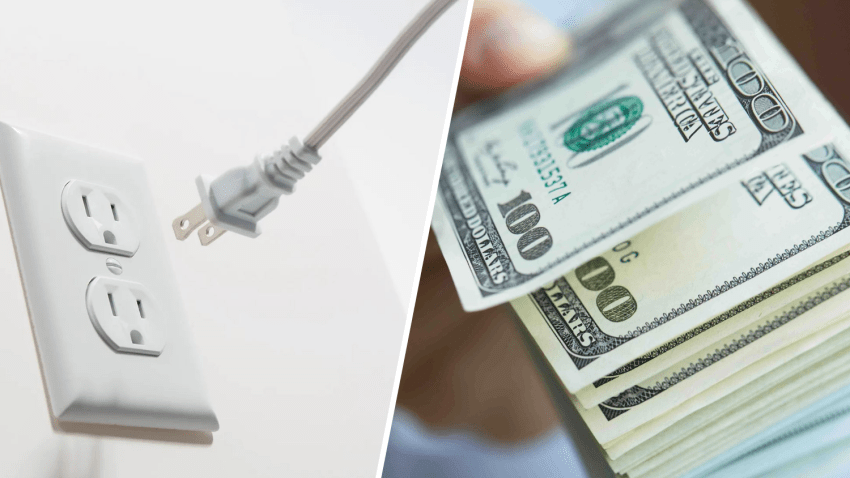 A split image with an electrical outlet on one side and a handfull of $100 bills on the other