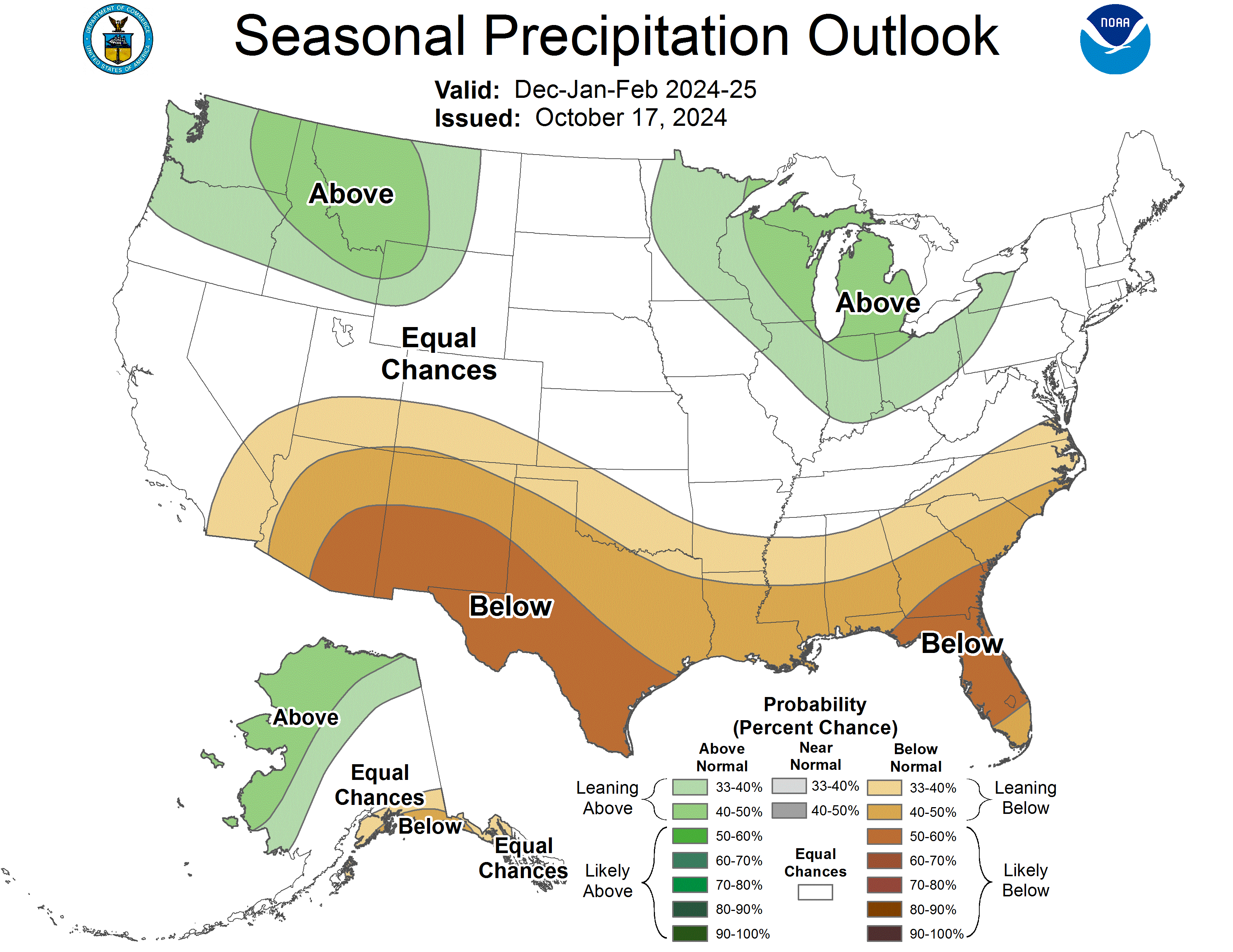 A map showing the 2024-25 winter precipitation outlook for the United States — which would include both snow and rain.